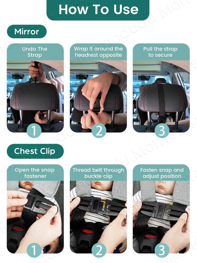 Kisslanding Baby-Auto-Spiegel und Brustclip-Set in Schwarz zur Fahrüberwachung und sicheren Schnallung für Kindersitze - Bild 4
