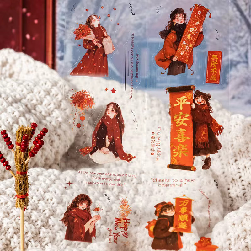 PET-Klebebandaufkleber Rolle mit Karikatur-Mädchen, Mond- und Neujahrsmotiv, Mehrfarbig - Bild 2