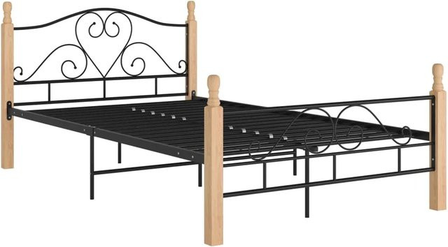 vidaXL Bettgestell aus Metall und massivem Eichenholz in Schwarz, B/T/H: 120 x 200 x 90 cm - Bild 1