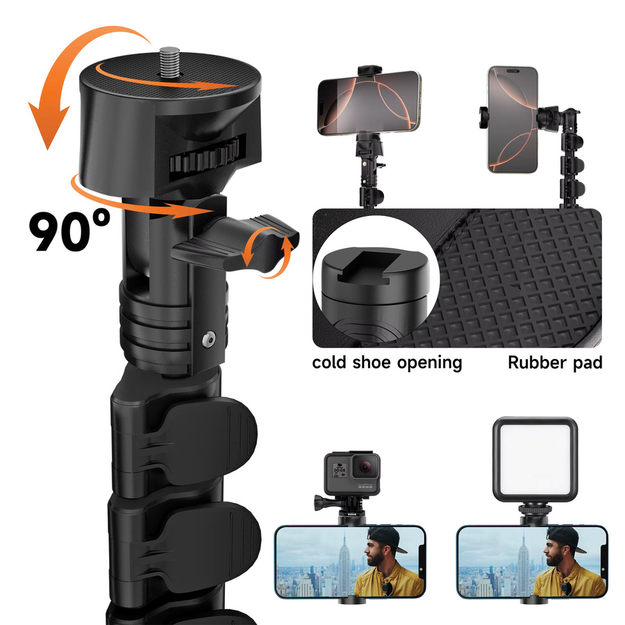 NeePho NP-2588 Multi-Winkel Aluminium-Stativ Selfie-Stick mit Cold-Shoe-Halterung in Schwarz, 180 cm Höhe, kompatibel mit Handys und Kameras - Bild 4