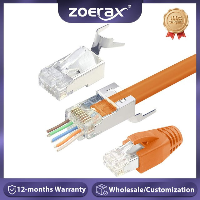 ZoeRax Cat7 Cat6A RJ45 Ethernet-Durchgangsstecker Blau mit 50μ vergoldeten Kontakten und Zugentlastungs-Kappe - Bild 1