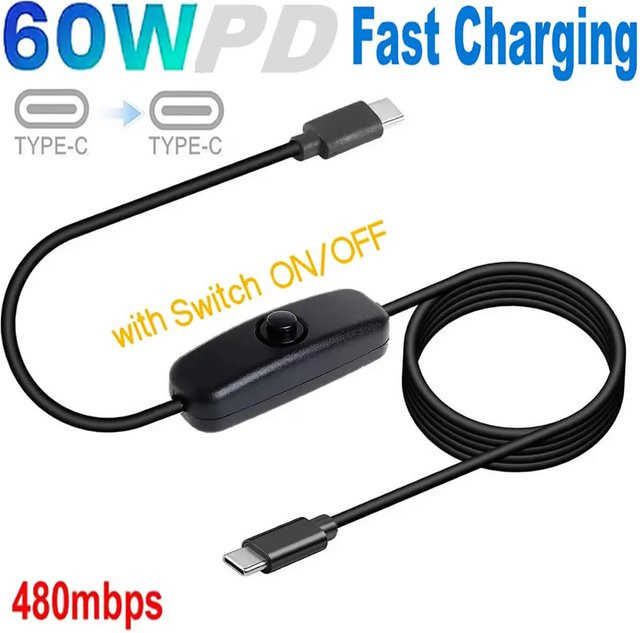 USB-C-auf-USB-C-Datenkabel mit Ein/Aus-Schalter, 60 W Schnellladefunktion und PD 20 V 3 A, Schwarz - Bild 1