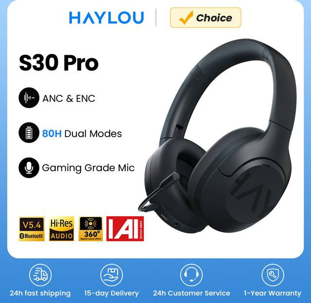 Haylou S30 Wireless Bluetooth 5.4 Over-Ear Kopfhörer mit Adaptive Noise Cancelling, 40mm Treibern und 80h Playtime in Schwarz - Bild 1