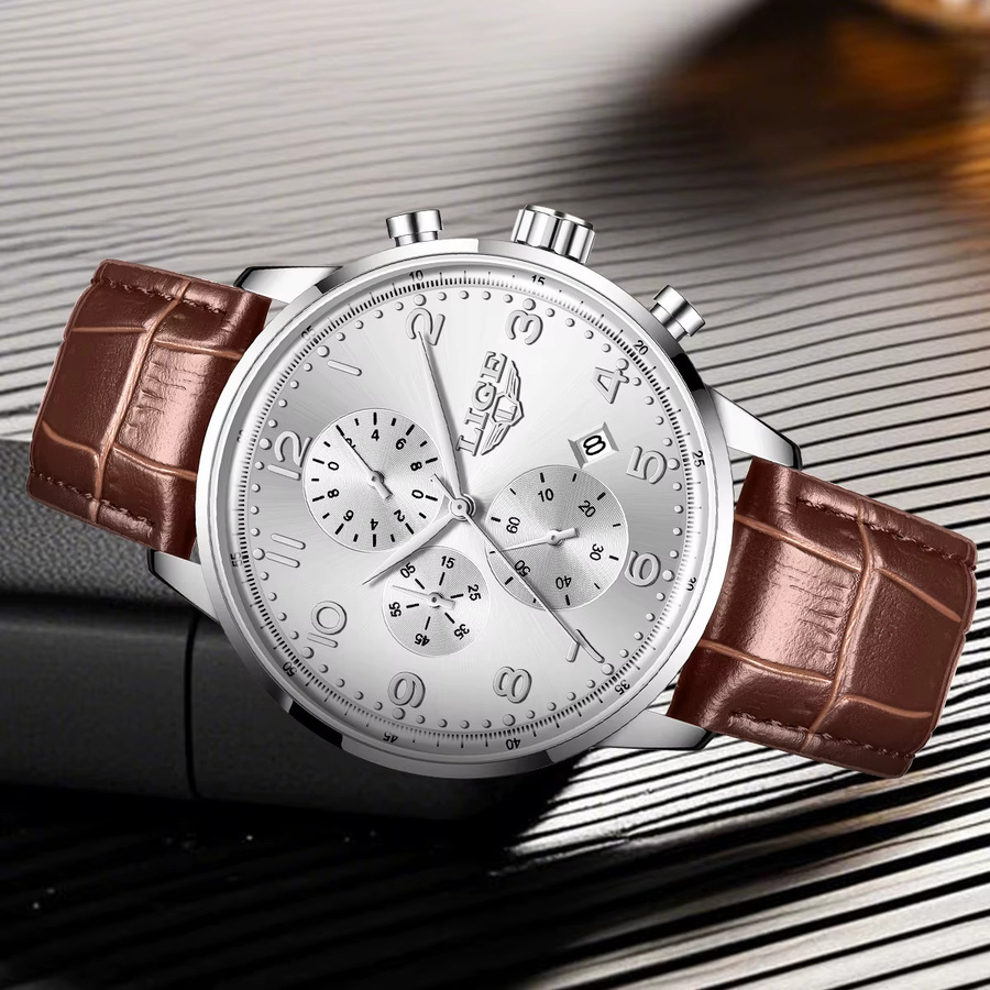 LIGE Armbanduhr Chronograph, Quarz, Leder, Schwarz, Herren - Bild 3