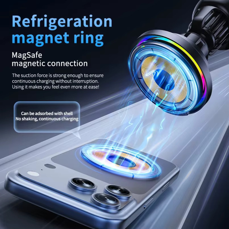 VIKEFON 25W Qi2.2 Magnetisches Kabelloses Autoladegerät mit RGB Lüftungsschlitz-Handyhalterung für MagSafe, iPhone und Android in Schwarz - Bild 3