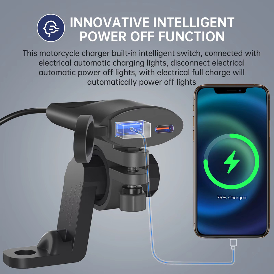 Wasserdichtes USB Motorrad Ladegerät mit Typ-C Buchse und Lenker Montagehalterung für 12V/24V in Schwarz - Bild 4