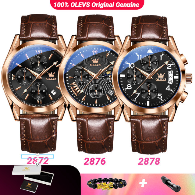 OLEVS Chronograph, Quarzuhr, Lederarmband, Schwarz, Braun, Herren - Bild 1