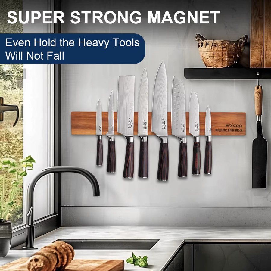WXCOO Magnetischer Messerhalter aus Akazienholz in Braun, Wandmontage, Breite: 40 cm - Bild 2