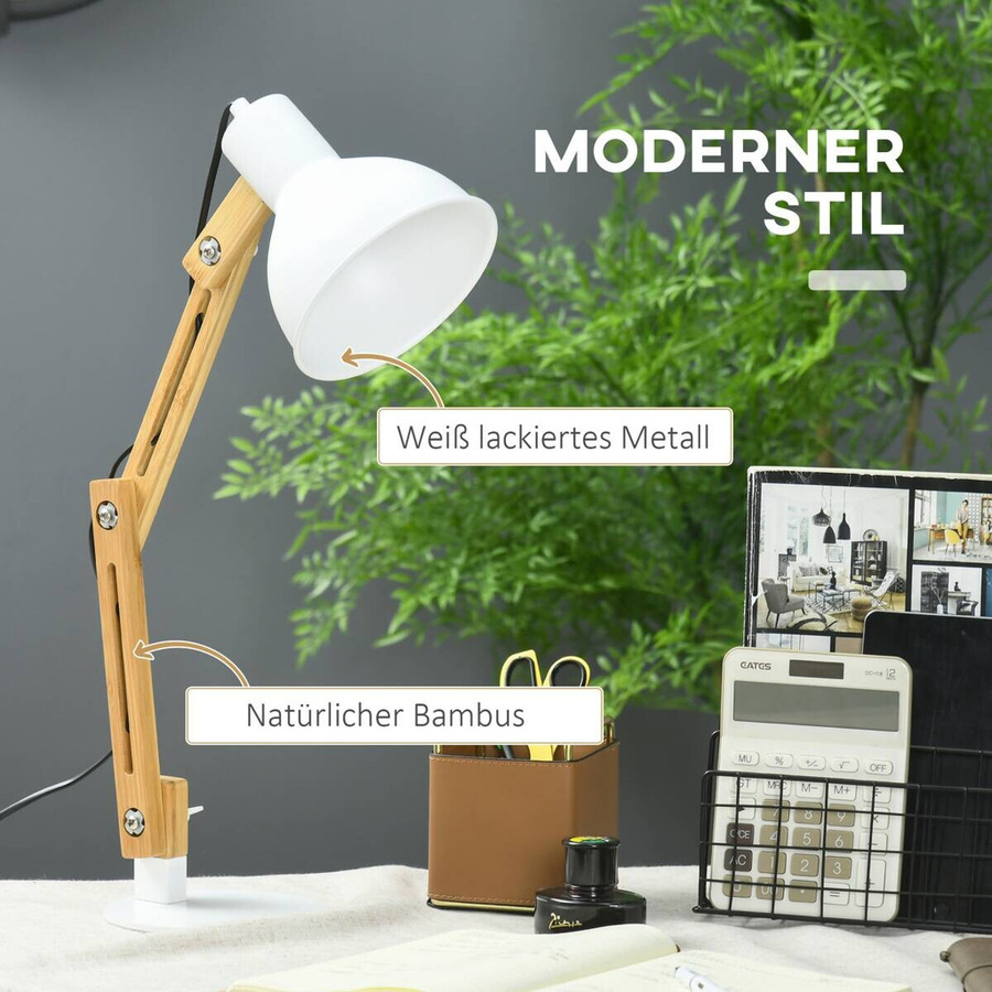 HOMCOM Schreibtischleuchte in Weiß und Holz, verstellbare Tischlampe aus Bambus und Metall mit E27 Fassung, B/T/H: 15,5 x 15,5 x 50 cm - Bild 3