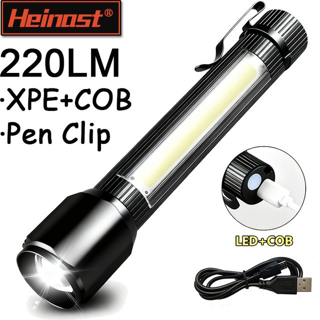 Heinast LED-Taschenlampe mit COB-Arbeitsleuchte und Haken, wiederaufladbar via USB, Schwarz - Bild 1