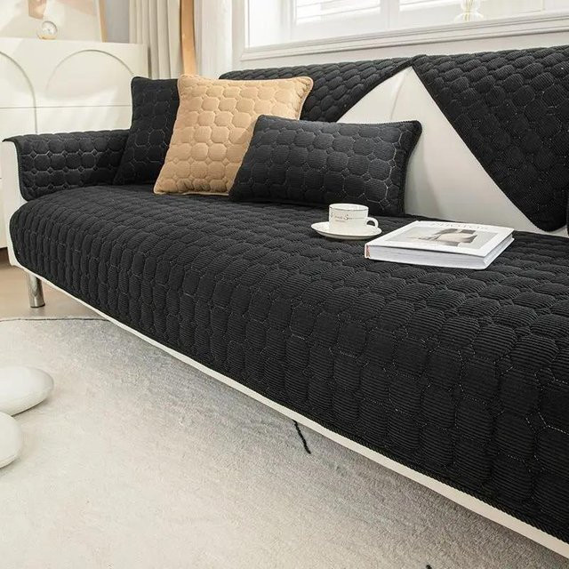 Rutschfester Sofabezug aus superweichem Cordplüsch in Schwarz für L-förmige Ecksofas, Breite: 120 cm, Tiefe: 90 cm - Bild 1