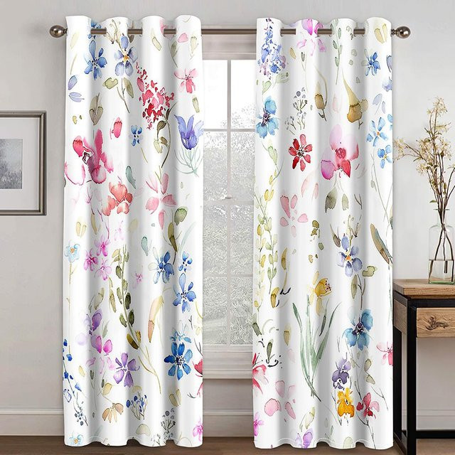 2er-Set Yiran Furniture Vorhänge mit Blumen- und Schmetterlingsdruck, halbtransparent, Mehrfarbig, B: 85 cm, H: 200 cm - Bild 1