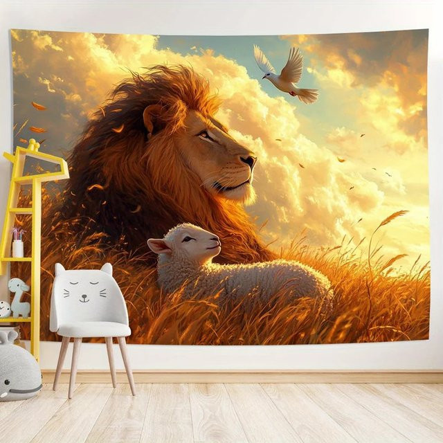 VIKAMA Wandteppich mit Löwe und Lamm in Mehrfarben, rustikaler Textil-Wandteppich mit Tiermotiv für deine Wohnzimmer-Dekoration, Breite: 75 cm, Höhe: 58 cm - Bild 1