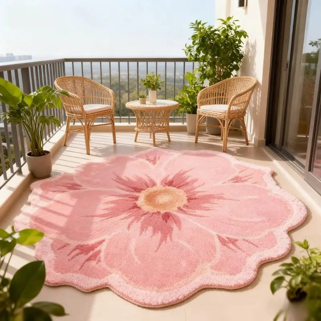 VIKAMA Kamelien-Plüschteppich in Rosa, weicher dekorativer Teppich mit floralem Design für Wohnzimmer und Schlafzimmer - Bild 1