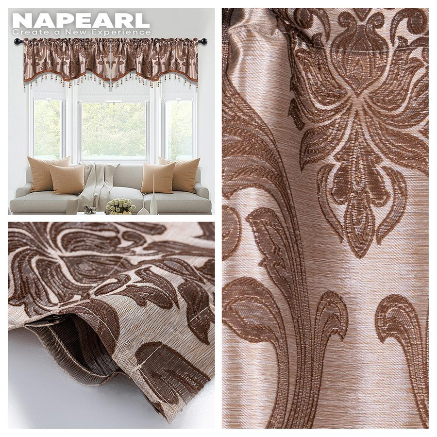 2er-Set NAPEARL Jacquard-Vorhänge mit floralem Muster und gewelltem Volant in Braun, Breite: 132 cm, Höhe: 46 cm - Bild 2