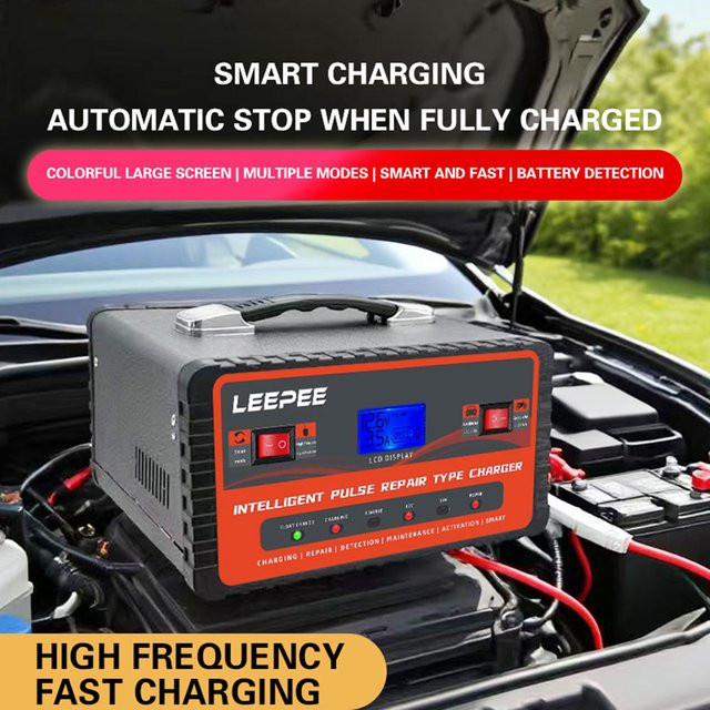 Digitales LCD Display Smart Batterie Ladegerät mit Puls Reparaturfunktion für Auto, SUV, Motorrad und Lkw, 12V/24V, 300Ah, Schwarz und Rot - Bild 1