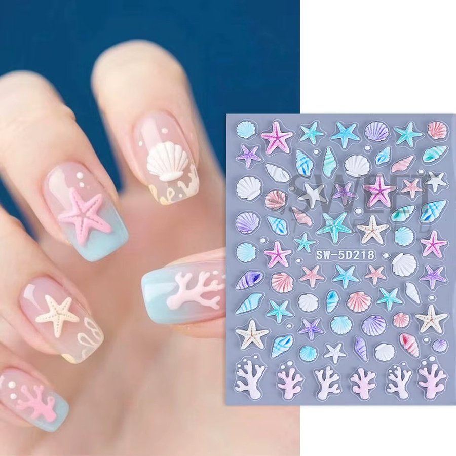 SWEET TREND Nagelsticker, 2 Stück, 5D Geprägte Seestern-Muschel-Korallen, Glänzend - Bild 2