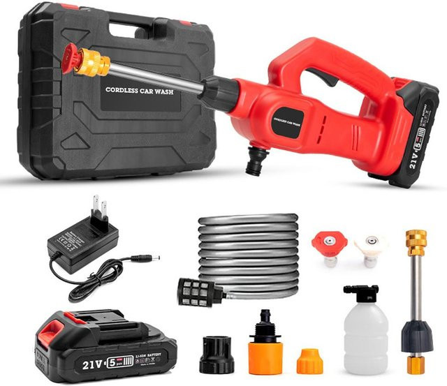 TOMTOP JMS Hochdruck-Autowaschmaschine mit 21V Lithium-Akku und 2 Akkus in Rot - Bild 1