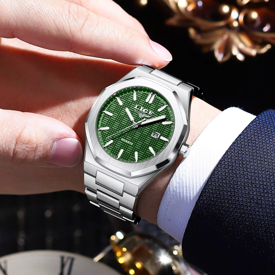 LIGE Armbanduhr Edelstahl, Quarz, Eckig, Silber, Grün, Herren - Bild 6