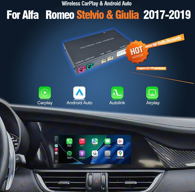AUTOTOP Wireless Carplay und Android Auto Funktionsbox für Alfa Romeo Stelvio & Giulia 2017–2019, kompatibel mit OEM-Kamera, Schwarz - Bild 1