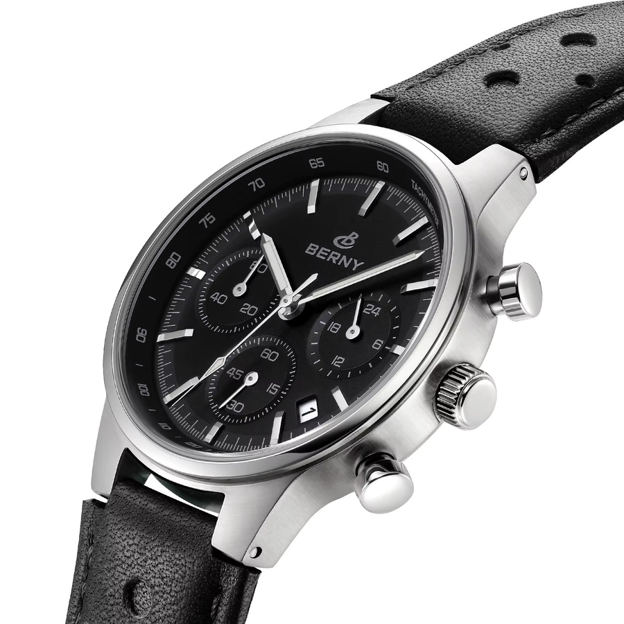 BERNY Chronograph, Quarz, Edelstahl, Leder, Schwarz, Herren - Bild 2