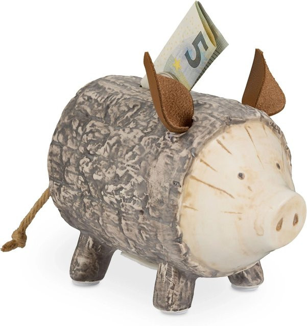 Relaxdays Sparschwein in Schweinchen-Form aus Dolomit mit Baumrinden-Design in Braun und Weiß, B/T/H: 13 x 9 x 16,5 cm - Bild 1