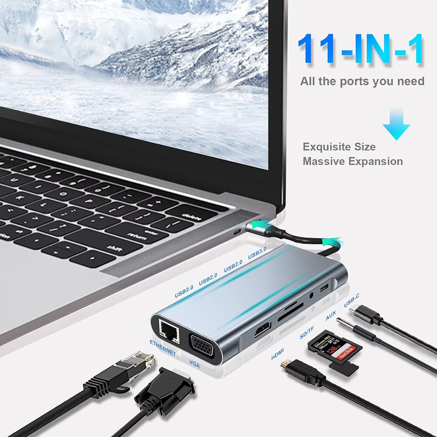 FEIWIMI USB C Hub Adapter Dongle in Silber mit 4K HDMI, VGA, USB C PD, RJ45 Ethernet, SD und TF Kartenleser für MacBook Pro/Air M1 und iPad - Bild 4