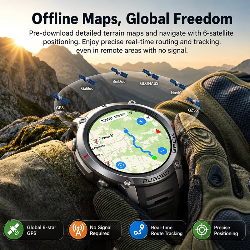GUHUAVMI Premium Militär-Smartwatch für Herren in Grau mit GPS-Outdoor-Navigation, Offline-Karten, 5ATM Wasserdichtigkeit, Kompass, Höhenmesser, Barometer und Bluetooth-Anruffunktion - Bild 2