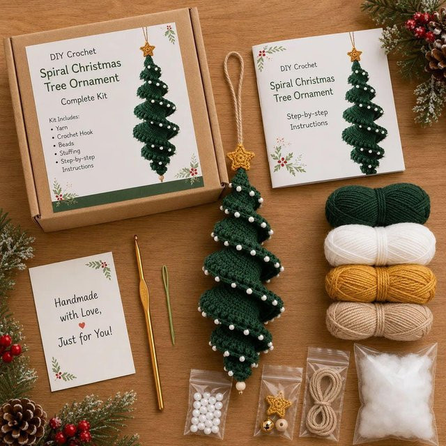 Global Care DIY-Set Häkel-Schneemann-Spiral-Ornament in Weiß und Grün für Weihnachten und Partys - Bild 1