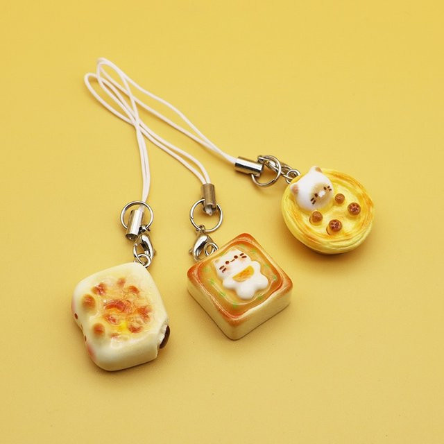 KAFNHCKA 3er-Set Japanischer Stil Schlüsselanhänger und Handy-Lanyard mit süßen Katzen- und Toast-Motiven, Multicolour - Bild 1
