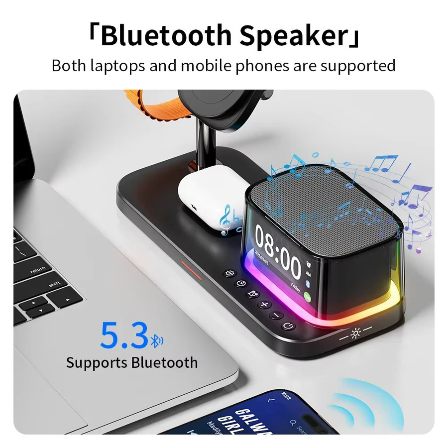 XIKCU 5-in-1 Magnetisches Kabelloses Ladegerät mit Bluetooth-Lautsprecher und Schnellladefunktion für iPhone, Apple Watch und AirPods in Schwarz oder Weiß - Bild 3