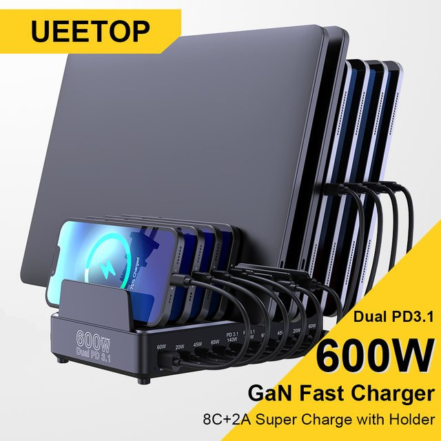 Ueetop 600 W Multi-USB-Schnellladegerät mit 10 Ports, GaN PD 3.1 Ladestation in Schwarz für MacBook, iPhone, iPad, Samsung und Laptop - Bild 1