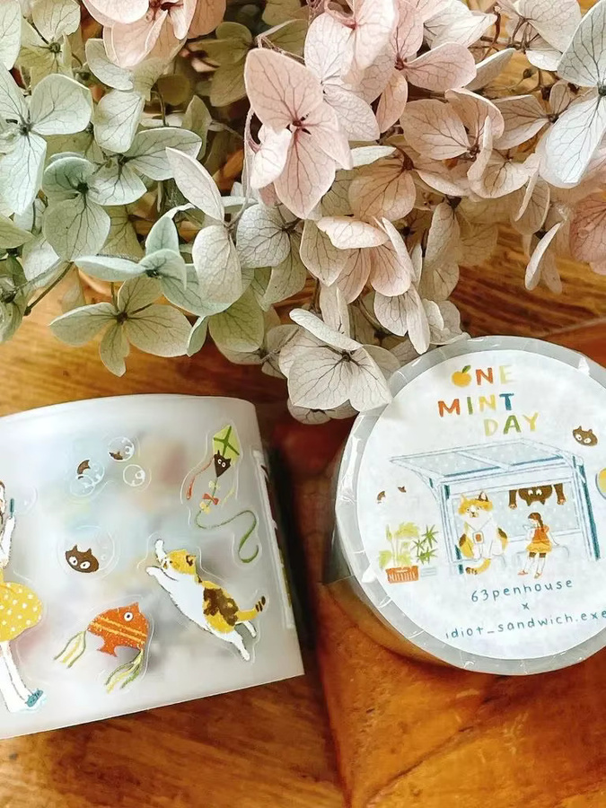 63penhouse Vintage One Mint Day Cat Girl Washi PET Tape in Multicolour für Scrapbooking und DIY-Planer - Bild 1