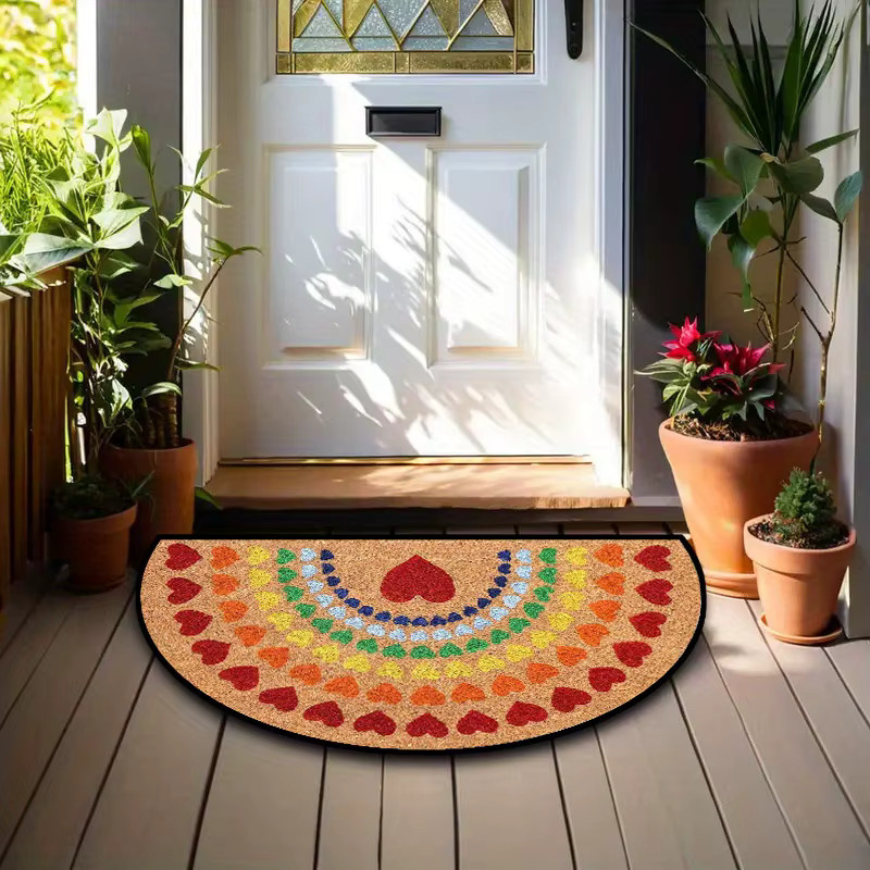 VIKAMA Halbrunde Fußmatte mit Herz-Regenbogen-Druck in Multicolour, dekorativer Kokos-Teppich für Flur, Badezimmer oder Terrasse - Bild 2