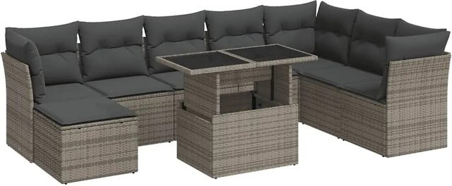 vidaXL 9-teilige Garten-Sofagarnitur in L-Form aus grauem Poly-Rattan mit Kissen und pulverbeschichtetem Stahlgestell - Bild 1