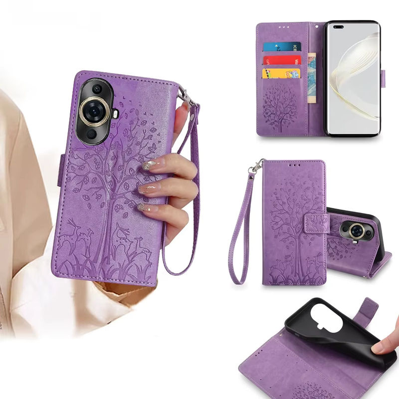 Magnetische Flip Cover Handyhülle mit Kartenfach und Trageriemen für Huawei Nova, Pro, Ultra, SE und Y-Serie in Grau und Lila - Bild 7