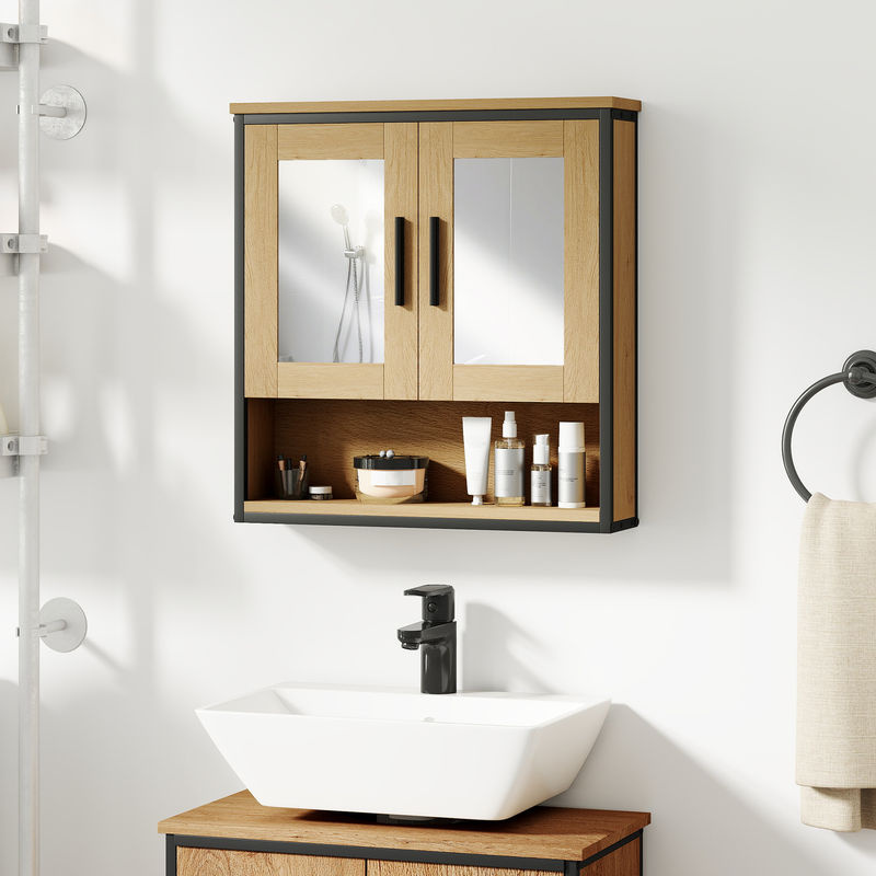 Aosom Wandspiegelschrank Badezimmer in Eiche mit offenem Fach und verstellbaren Regalen - Bild 2