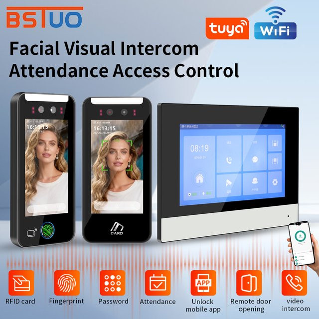 Asia-Teco Visuelle Gegensprechanlage mit Gesichtserkennung und Tuya WiFi, biometrische Fingerabdruck- und Palmvenen-Zugangskontrolle, 7-Zoll-HD-Kamera, Schwarz - Bild 1