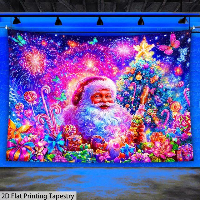 VIKAMA Weihnachts-Wandteppich mit Weihnachtsmann, Feuerwerk und Schmetterlingen in Multicolor als Wandbehang zur Raumdekoration - Bild 1