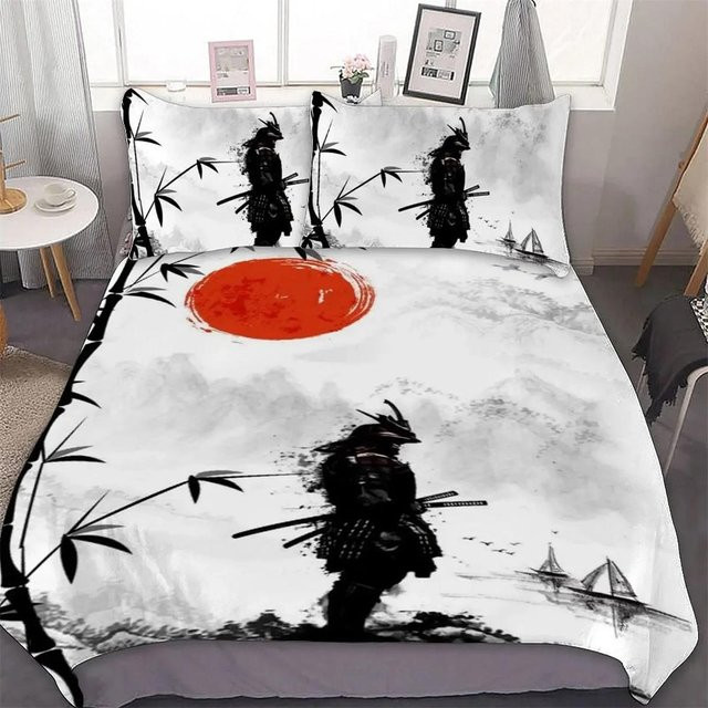 Flylo Bettwäsche Set Bambusblätter Japanischer Stil in Weiß, 2-teilig mit Bettbezug und Kissenbezug, B/H: 100 x 135 cm - Bild 1