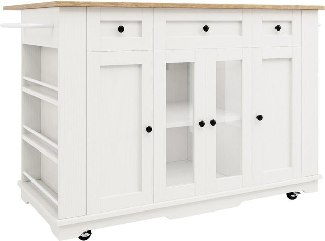 okwish Kücheninsel in Weiß mit Glastüren und Arbeitsplatte, B/T/H: 151 x 85 x 91,7 cm - Bild 1