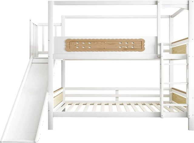 Merax Etagenbett für Kinder im Hausdesign mit Rutsche, Farbe: Weiß und Braun, B/T/H: 200 x 90 x 180 cm - Bild 1