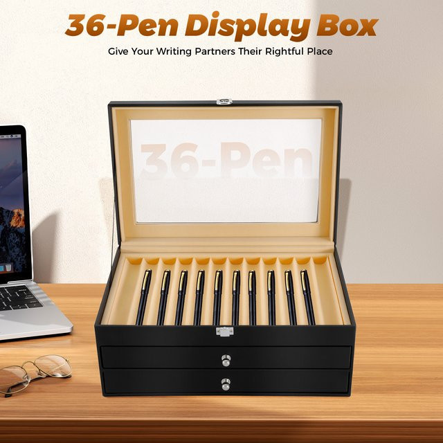 Bymaocar Stift-Display-Box mit 36 Fächern und Schubladen, 3-stufiger Stifte-Organizer aus PU-Material, Schwarz - Bild 1