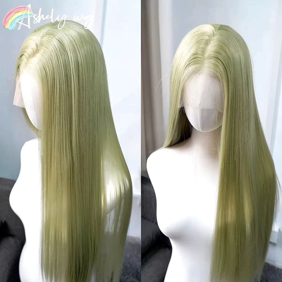 Lange gerade Lace-Front-Perücke, hellgrün, 26 Zoll, hitzebeständig, synthetisch - Bild 2