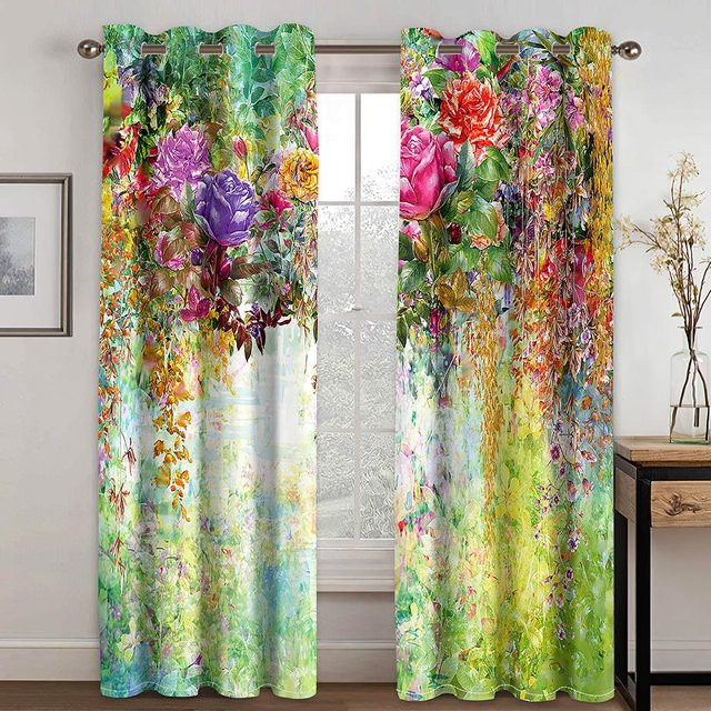 Elegante moderne Vorhänge mit Blumenmuster in Multicolour, 2er-Set, semi-transparent, Rod Pocket, Breite: 70 cm, Höhe: 185 cm - Bild 1