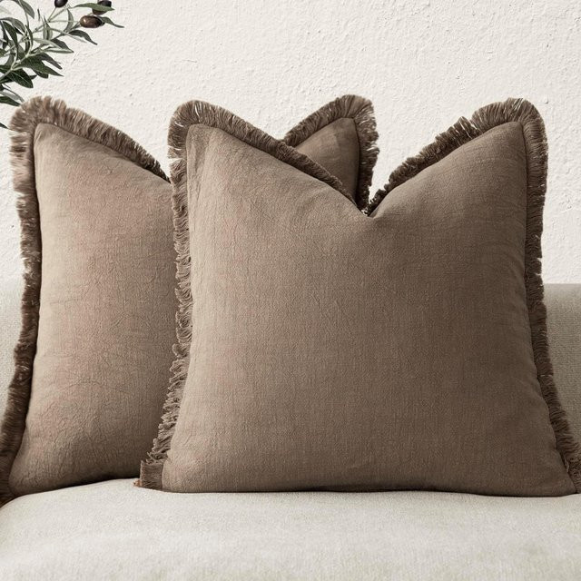 JMG Clothing Kissenbezug aus Leinen und Baumwolle mit Fransen in Hellrosa im Boho-Stil, B/H: 50 x 50 cm - Bild 1