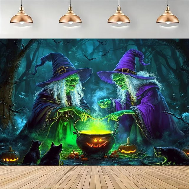 VIKAMA Halloween Magic Academy Wandteppich mit Zwillingshexen, Kürbissen und Fledermäusen, Mehrfarbig, B/H: 60 x 40 cm - Bild 1