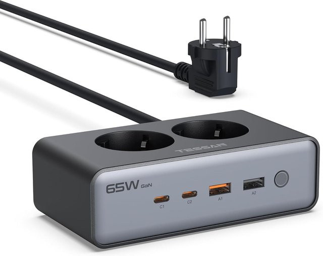 TESSAN PD 65W USB C Ladegerät mit Schalter und 1,5 m Verlängerungskabel, Schnellladegerät in Schwarz mit 2 Steckdosen, 2 USB-A und 2 USB-C Anschlüssen - Bild 1