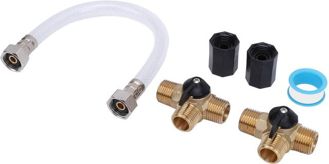 Wohnmobil Warmwasserbereiter Bypass-Kit mit 1/2 Zoll NPT Messing T-Ventilen, Verstärkungsschlauch und Rohrverschraubungen in Messing/Gold - Bild 1