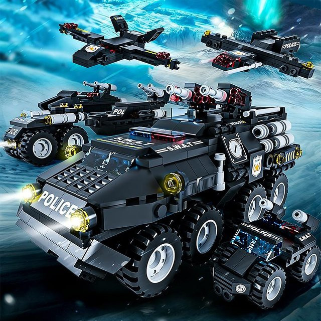6-in-1 Militär-Bausteine Tiger Polizeiauto gepanzertes Fahrzeug Flugzeug, Konstruktionsspielzeug, ab 6 Jahren - Bild 1